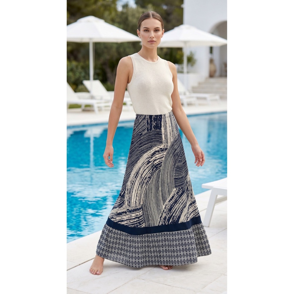 Navy Cream Abstract Brushstroke Geometric Print Maxi Skirt Elastic Waist Womens